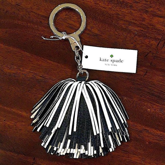 KATE SPADE Black Cream Leather Tassel Keychain NWT - Picture 4 of 8